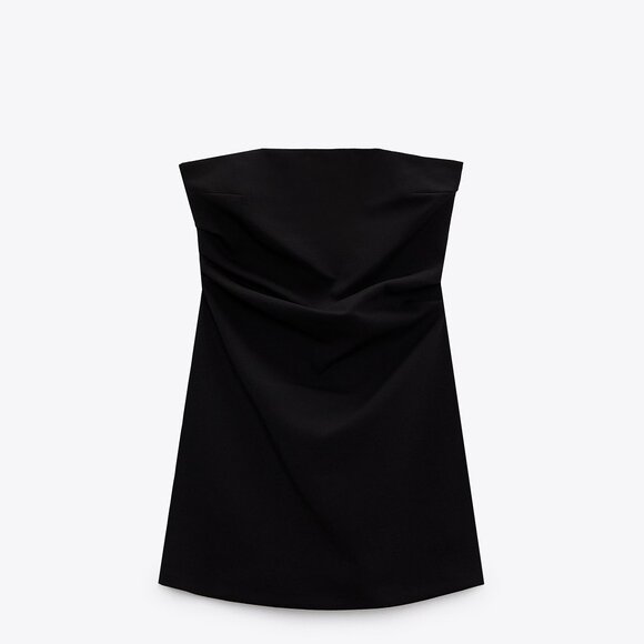 Zara Mini Black Dress Strapless Straight Neckline Ruched Short Lined Blog - Picture 3 of 4